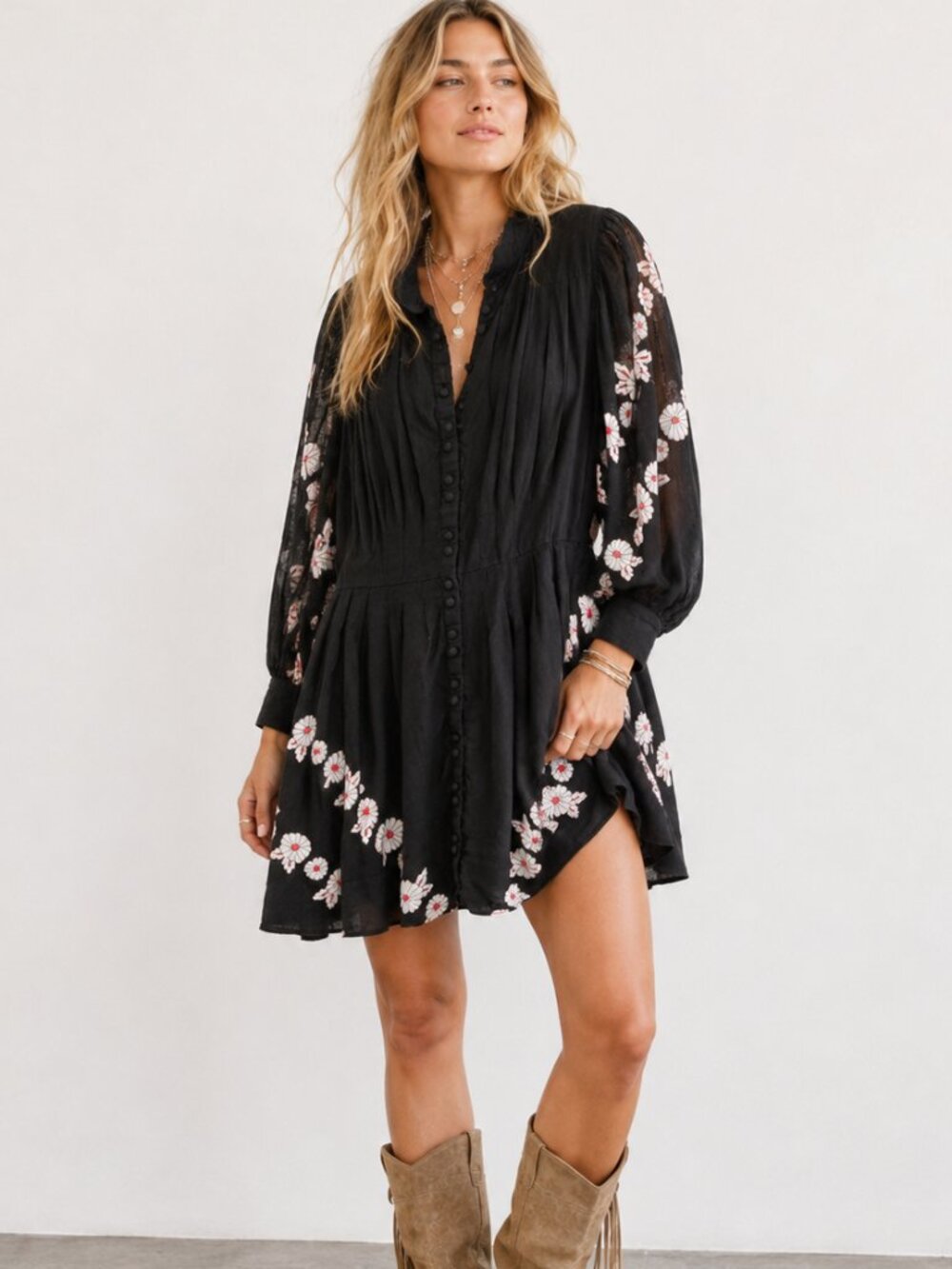 FREE PEOPLE Sweetest Thing Embroidered Cotton Gauze Black Mini Dress Sz S GUC